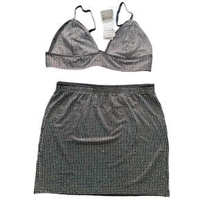 Kikiriki Women's Medium Black Studded 2-Piece Crop Top & Skirt Set NWT